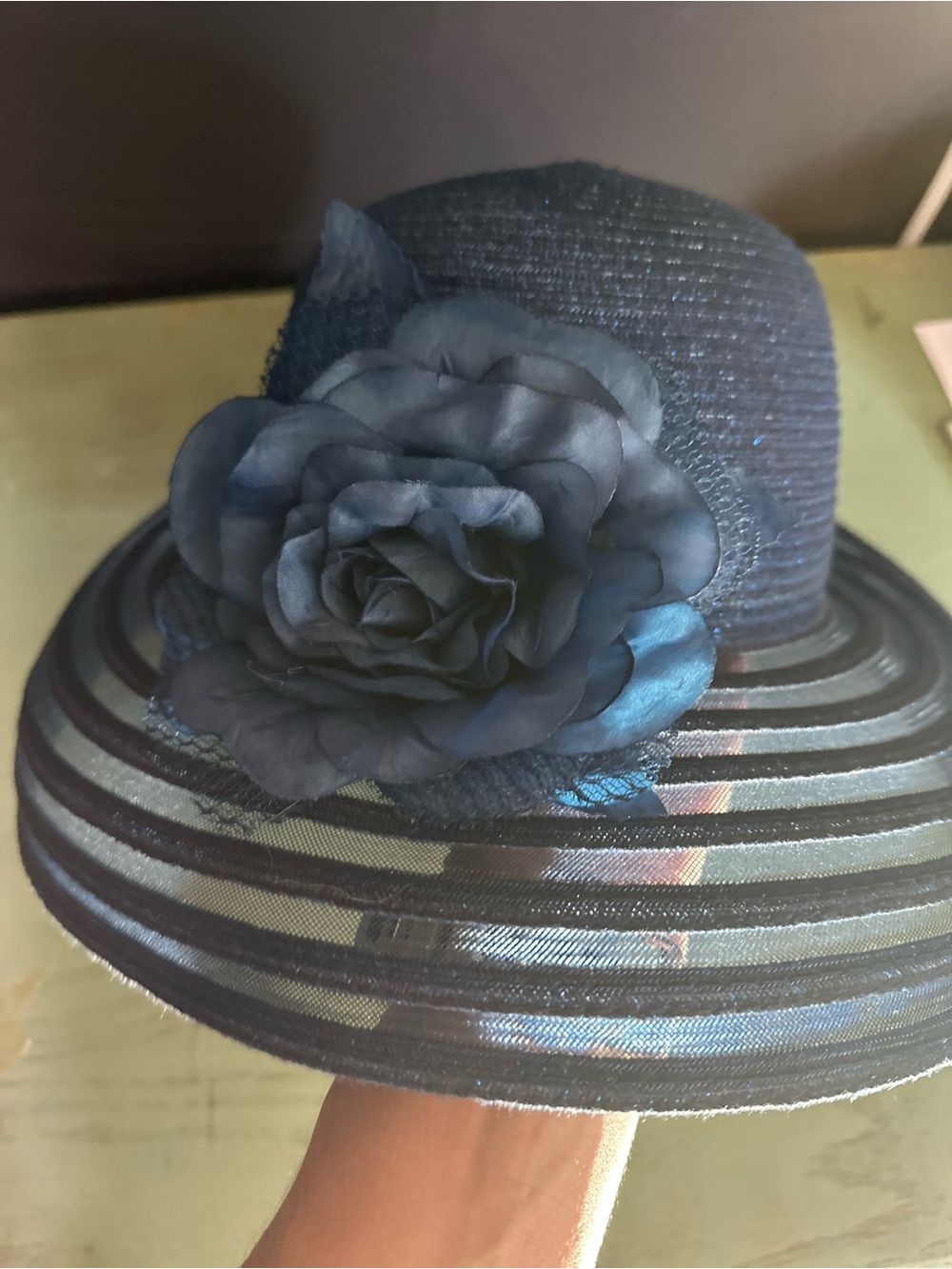 Elegant Navy Wide-Brim Floral Accent Womenโs Hat, ๐๐ DERBY HAT - Picture 6 of 6